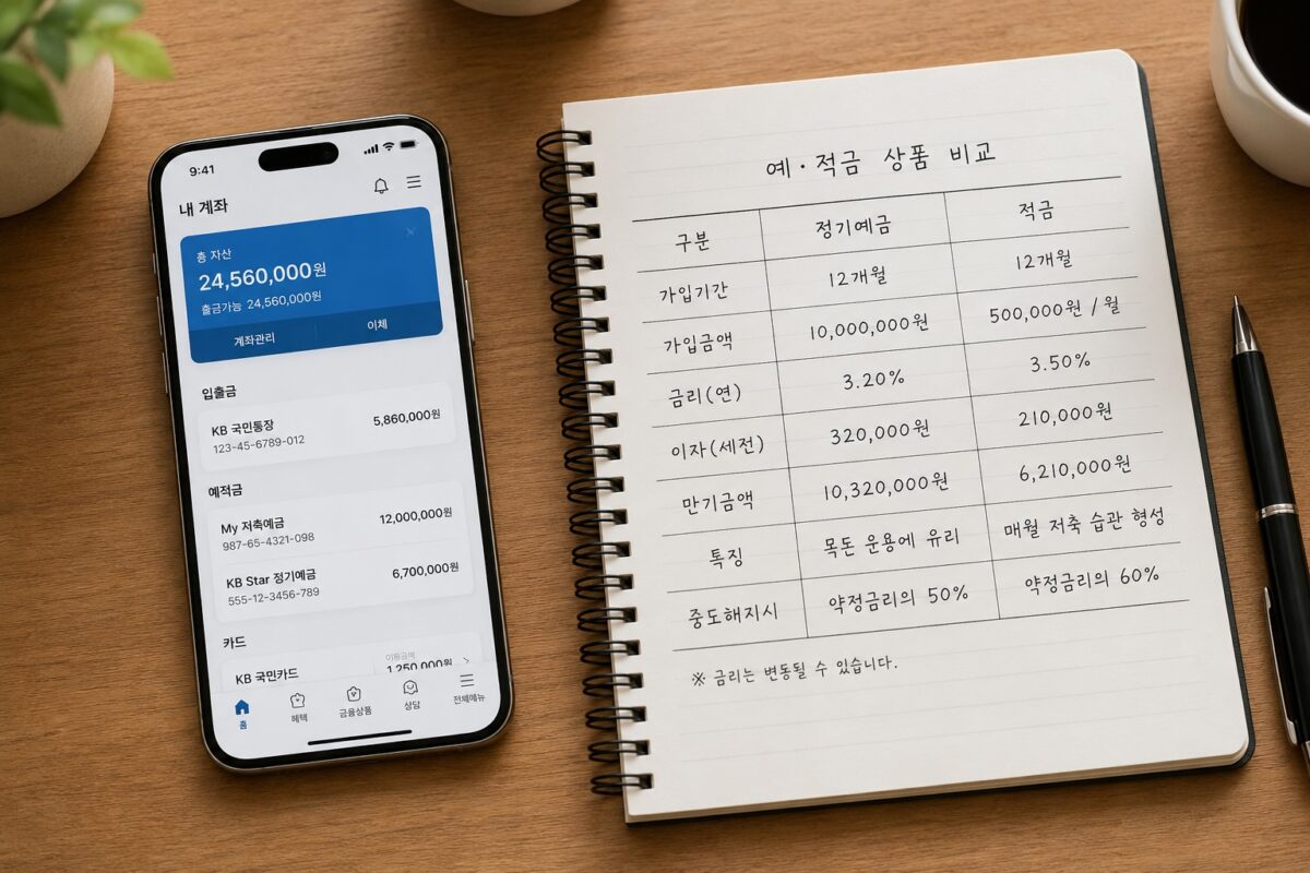 은행 앱 화면과 비교 메모가 놓인 책상 전경